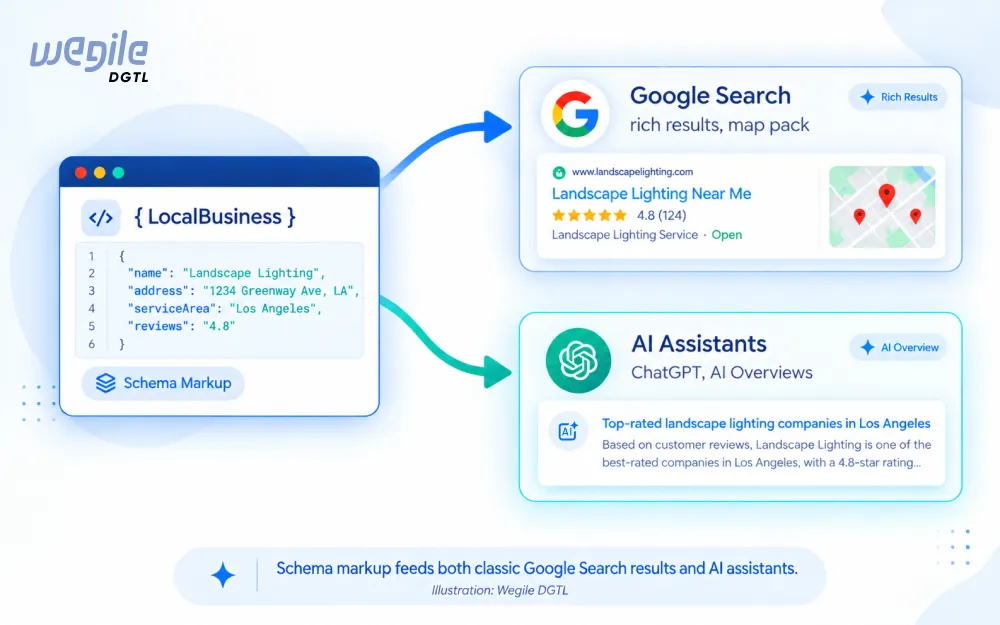Diagram showing LocalBusiness schema markup feeding both Google Search rich results and AI assistants like ChatGPT and AI Overviews